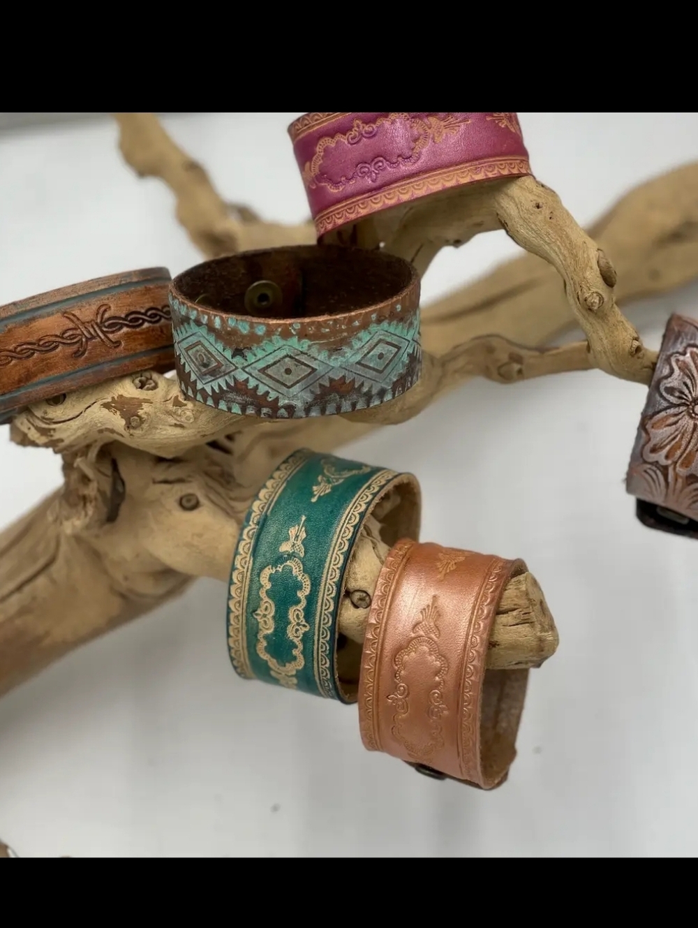 #1537 A Rare Bird Handcrafted Tooled Leather Cuffs - Picture 2 of 4
